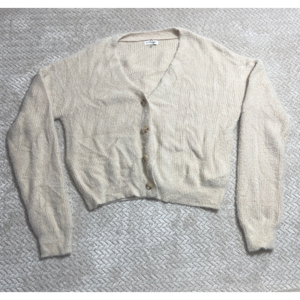 Olivia Grey Cream Fuzzy Cropped Cardigan Sweater XL V-Neck Button Front